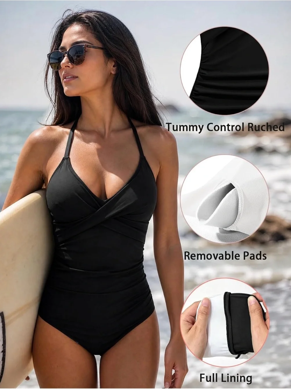 Ruched Halter One-Piece Swimsuit in Black